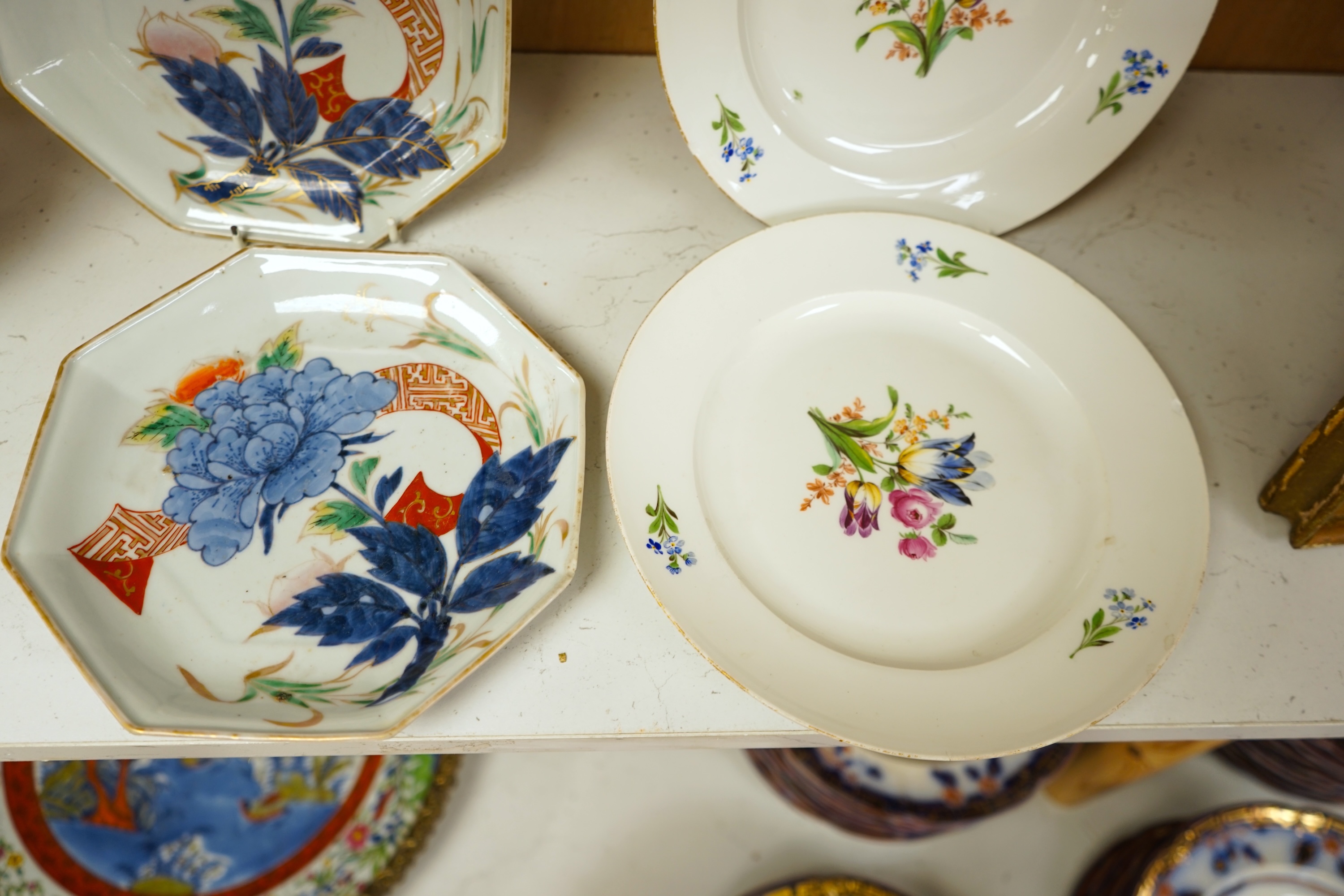 A group of various ceramics to include a Berlin floral decorated vase, a pair of Meissen dishes, similar box and cover, figural sweetmeat and figure of a Turk, together with a pair of Japanese Imari dishes, tallest 33cm.